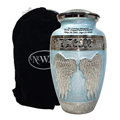 Product: Blue Angel Funeral Cremation Urn, Brass Large Angel Wings Urn with Custom Engraving