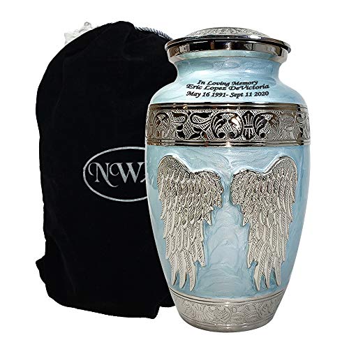 Product: Blue Angel Funeral Cremation Urn, Brass Large Angel Wings Urn with Custom Engraving
