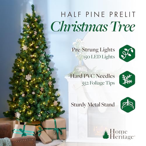 Product: Home Heritage Half Pine 7 Foot Pre-Lit Artificial Christmas Tree Holiday Decor with 150 Warm White LED Lights and Stand, Green