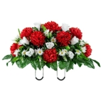 Product: Sympathy Silks Artificial Cemetery Flowers - Outdoor Grave Decorations - Christmas Decor - 1 Red Mum and White Rose Saddle for Headstone