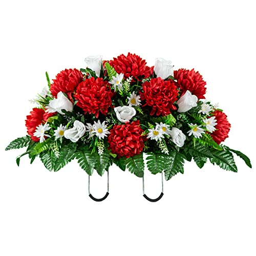 Product: Sympathy Silks Artificial Cemetery Flowers - Outdoor Grave Decorations - Christmas Decor - 1 Red Mum and White Rose Saddle for Headstone