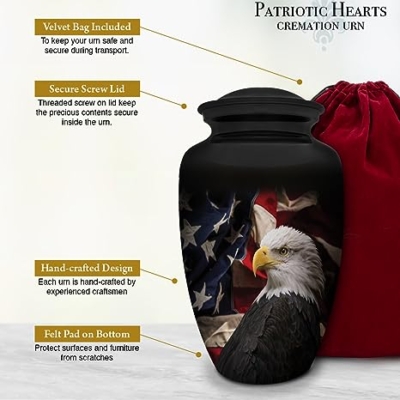 Product: Honorary Memorials Patriotic Hearts Eagle Urn for Human Ashes | American Flag Cremation Urn for Adults, Veteran, Medium Size, Handmade Funeral Urns with Velvet Bag