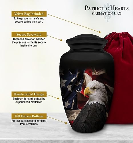 Product: Honorary Memorials Patriotic Hearts Eagle Urn for Human Ashes | American Flag Cremation Urn for Adults, Veteran, Medium Size, Handmade Funeral Urns with Velvet Bag