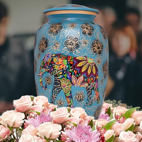 Silky Flower Store Blue Elephant Floral Funeral Urn, Spiritual Aluminum Adult Ashes Memorial, Large Size 32.5cm 3 3 Product: Blue Funeral urn with Elephant - Floral Spiritual Indian Design - Cremation Urn for Human Ashes - Aluminum -Suitable for Cemetery Burial or Niche - Large Size fits Remains of Adults up to 200 lbs