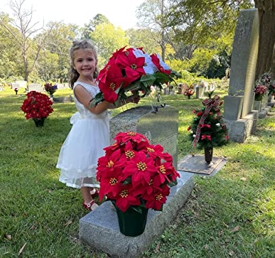 Product: Sympathy Silks Artificial Cemetery Flowers - Christmas Poinsettias - Outdoor Grave Decorations - Red and White Poinsettias Saddle for Headstone