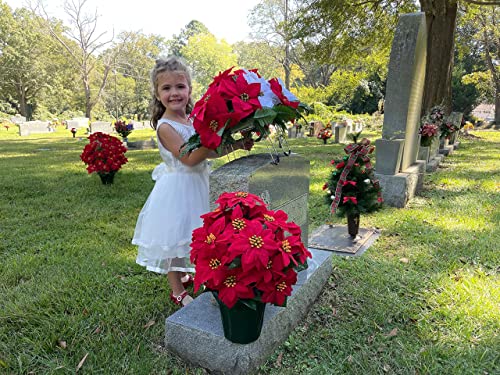 Product: Sympathy Silks Artificial Cemetery Flowers - Christmas Poinsettias - Outdoor Grave Decorations - Red and White Poinsettias Saddle for Headstone