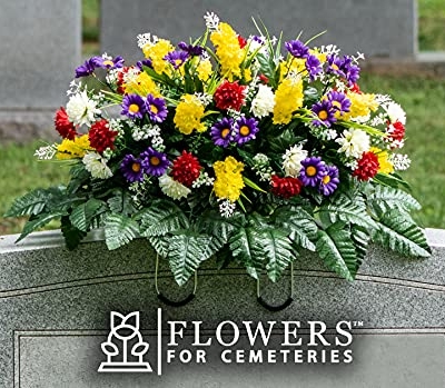 Product: Sympathy Silks Artificial Cemetery Flowers – Realistic Wildflower Outdoor Grave Decorations - Yellow Red Wildflower Saddle for Headstone