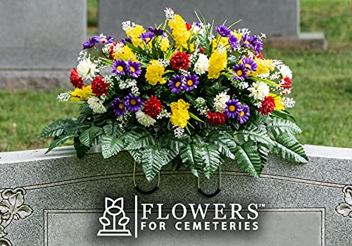 Product: Sympathy Silks Artificial Cemetery Flowers – Realistic Wildflower Outdoor Grave Decorations - Yellow Red Wildflower Saddle for Headstone