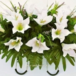 Product: Cemetery Spring Flowers ~Spring white lilly mix~headstone saddle arrangement~cemetery flower service~grave site decor~sympathy flowers~flowers for graves~Lillies and wildflowers