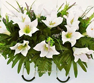Product: Cemetery Spring Flowers ~Spring white lilly mix~headstone saddle arrangement~cemetery flower service~grave site decor~sympathy flowers~flowers for graves~Lillies and wildflowers