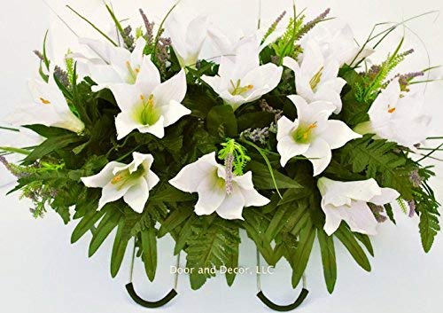 Cemetery Spring Flowers ~Spring white lilly mix~headstone saddle arrangement~cemetery flower service~grave site decor~sympathy flowers~flowers for graves~Lillies and wildflowers - Artificial Flower Arrangements Product: Cemetery Spring Flowers ~Spring white lilly mix~headstone saddle arrangement~cemetery flower service~grave site decor~sympathy flowers~flowers for graves~Lillies and wildflowers