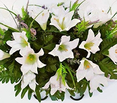 Silky Flower Store Cemetery Spring Flowers White Lilly Mix Headstone Saddle, Sympathy Grave Decor, Artificial Floral Arrangement 20.5cm 9 9 Product: Cemetery Spring Flowers ~Spring white lilly mix~headstone saddle arrangement~cemetery flower service~grave site decor~sympathy flowers~flowers for graves~Lillies and wildflowers