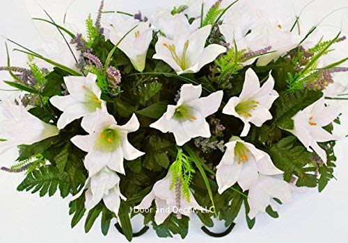 Silky Flower Store Cemetery Spring Flowers White Lilly Mix Headstone Saddle, Sympathy Grave Decor, Artificial Floral Arrangement 20.5cm 4 4 Product: Cemetery Spring Flowers ~Spring white lilly mix~headstone saddle arrangement~cemetery flower service~grave site decor~sympathy flowers~flowers for graves~Lillies and wildflowers
