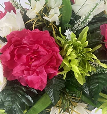 Silky Flower Store Artificial Cemetery Flower Grave Decoration, Pink Peony White Rose Headstone Saddle, Spring Summer Memorial, 32.5cm 10 10 Product: Spring Cemetery Flowers for Headstone and Grave Decoration-Pink Peony and White Rose Mix Saddle