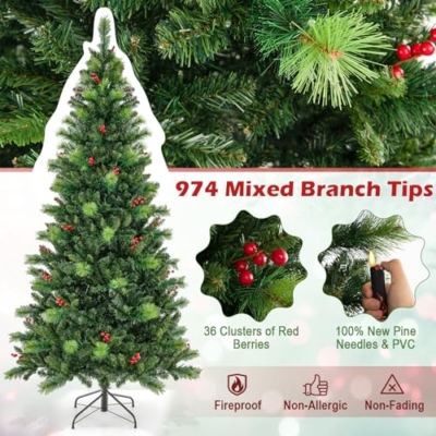 Product: HOMGX 7ft Pre-Lit Christmas Tree with 400 Multi-Color LED Lights, Hinged Xmas Pine Tree w/ 974 PVC Branch Tips, 36 Red Berries, Remote & Timer, 9 Lighting Modes Artificial Christmas Tree