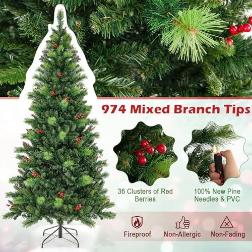 Product: HOMGX 7ft Pre-Lit Christmas Tree with 400 Multi-Color LED Lights, Hinged Xmas Pine Tree w/ 974 PVC Branch Tips, 36 Red Berries, Remote & Timer, 9 Lighting Modes Artificial Christmas Tree