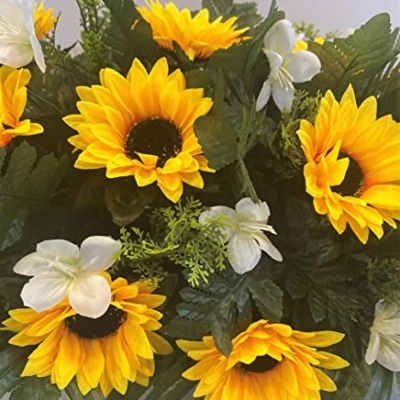 Product: Cemetery Headstone Saddle Arrangement with Yellow Sunflowers and White Daisies-Grave Decoration
