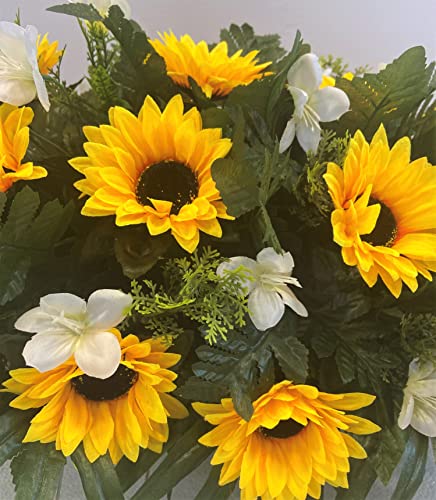 Product: Cemetery Headstone Saddle Arrangement with Yellow Sunflowers and White Daisies-Grave Decoration