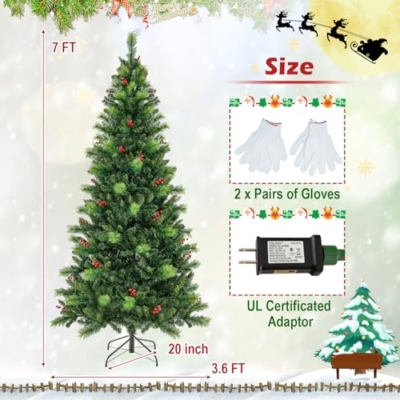 Product: HOMGX 7ft Pre-Lit Christmas Tree with 400 Multi-Color LED Lights, Hinged Xmas Pine Tree w/ 974 PVC Branch Tips, 36 Red Berries, Remote & Timer, 9 Lighting Modes Artificial Christmas Tree