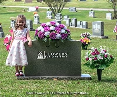 Silky Flower Store Sympathy Silks Artificial Cemetery Flowers, Lavender Open Rose White Mum Saddle, UV Resistant, 32.5cm 11 11 Product: Sympathy Silks Artificial Cemetery Flowers - Realistic - Outdoor Grave Decorations - Non-Bleed Colors, and Easy Fit - Lavender Open Rose with White Mum Saddle for Headstone
