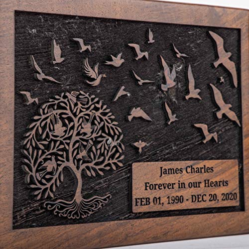 Product: INTAJ Cremation Urn for Human Ashes Adult Male Female - Tree of Life Wooden Box Urn for Ashes - Handmade Decorative Funeral Urn (Customised Tree Birds, L (9x6x5) 185 Cu/in)