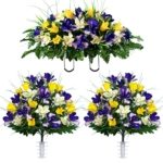 Product: Sympathy Silks Artificial Cemetery Flowers – Realistic Vibrant Tulips Outdoor Grave Decorations - 2 Yellow Tulip Purple Iris Bouquets and 1 Matching Saddle
