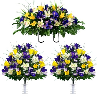 Product: Sympathy Silks Artificial Cemetery Flowers – Realistic Vibrant Tulips Outdoor Grave Decorations - 2 Yellow Tulip Purple Iris Bouquets and 1 Matching Saddle