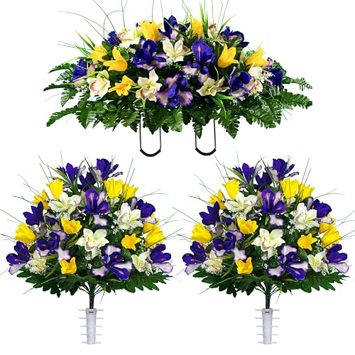 Product: Sympathy Silks Artificial Cemetery Flowers – Realistic Vibrant Tulips Outdoor Grave Decorations - 2 Yellow Tulip Purple Iris Bouquets and 1 Matching Saddle