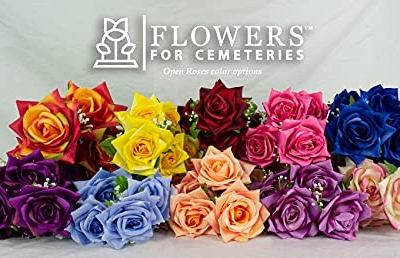 Product: Sympathy Silks Artificial Cemetery Flowers - Realistic - Outdoor Grave Decorations - Non-Bleed Colors, and Easy Fit - Purple Open Rose with Peach Cream Mum Saddle for Headstone