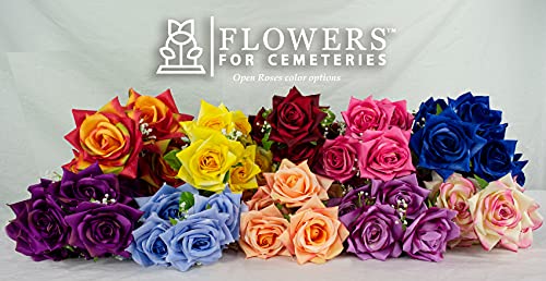 Product: Sympathy Silks Artificial Cemetery Flowers - Realistic - Outdoor Grave Decorations - Non-Bleed Colors, and Easy Fit - Purple Open Rose with Peach Cream Mum Saddle for Headstone