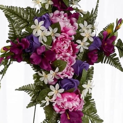 Silky Flower Store Premade Purple Pink Silk Flower Cross Cemetery Arrangement, Metal Easel Memorial Graveside Tribute 32.5cm 7 7 Product: Premade Purple and Pink Silk Flower Cross Cemetery Arrangement with Metal Easel for Graveside Memorial Day Decoration or Funeral Floral Spray for Mother, Father, Mom, Dad, Sister, Brother or Loved One