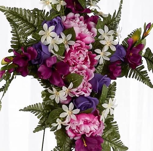 Silky Flower Store Premade Purple Pink Silk Flower Cross Cemetery Arrangement, Metal Easel Memorial Graveside Tribute 32.5cm 2 2 Product: Premade Purple and Pink Silk Flower Cross Cemetery Arrangement with Metal Easel for Graveside Memorial Day Decoration or Funeral Floral Spray for Mother, Father, Mom, Dad, Sister, Brother or Loved One
