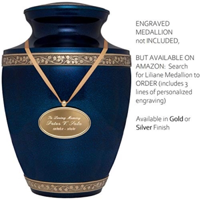 Silky Flower Store Blue Brass Cremation Urn for Human Ashes, Torino Model, Hand Painted Cobalt Blue with Gold Bands, 10 x 6.7in 6 6 Product: Blue Funeral Cremation Urn for Human Ashes - Hand Made in Brass - Suitable for Cemetery Burial or Niche - Large Size fits Remains of Adults up to 200 lbs - Torino Model
