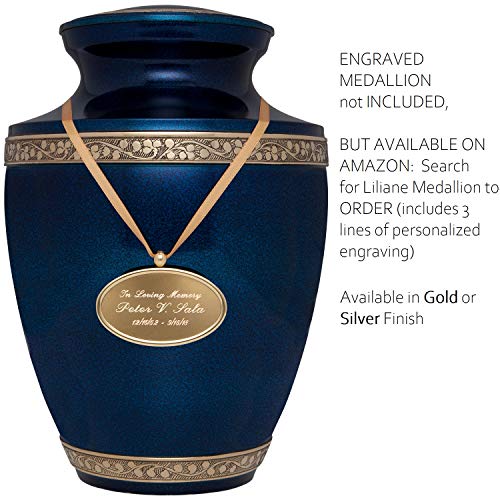 Silky Flower Store Blue Brass Cremation Urn for Human Ashes, Torino Model, Hand Painted Cobalt Blue with Gold Bands, 10 x 6.7in 2 2 Product: Blue Funeral Cremation Urn for Human Ashes - Hand Made in Brass - Suitable for Cemetery Burial or Niche - Large Size fits Remains of Adults up to 200 lbs - Torino Model