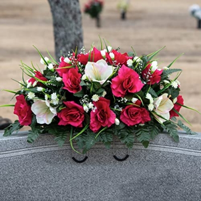 Product: Sympathy Silks Artificial Cemetery Flowers – Realistic- Outdoor Grave Decorations - Non-Bleed Colors, and Easy Fit - Cream Pink Amaryllis & Fuchsia Rose Saddle for Headstone