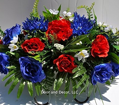 Product: Summer Patriotic Cemetery Flowers with Red Roses, Blue Spider Mums, Blue Roses, and White Forget-me-nots headstone saddle arrangement