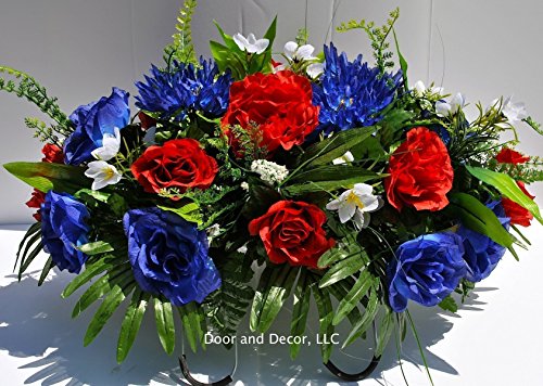 Product: Summer Patriotic Cemetery Flowers with Red Roses, Blue Spider Mums, Blue Roses, and White Forget-me-nots headstone saddle arrangement