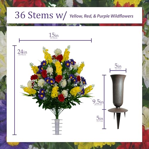 Product: Sympathy Silks Artificial Cemetery Flowers – Realistic Vibrant Wildflowers Outdoor Grave Decorations - Non-Bleed Colors- 1 Red Yellow Wildflower Bouquet, 1 Matching Saddle, & 1 vase Included