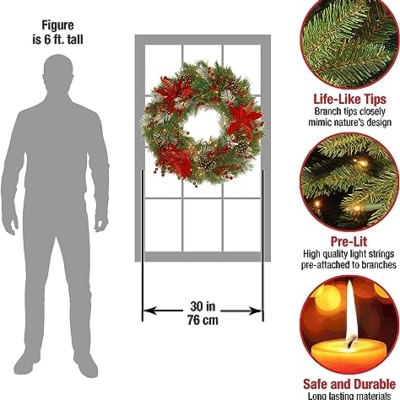 Silky Flower Store Pre Lit Artificial Christmas Wreath, Green Tartan Plaid, White Lights, Pine Cones, Berry Clusters, Frosted Branches, 30 inch 6 6 Product: National Tree Company Pre-Lit Artificial Christmas Wreath, Green, Tartan Plaid, White Lights, Decorated with Frosted Branches, Pine Cones, Berry Clusters, Flowers, Christmas Collection, 30 Inches