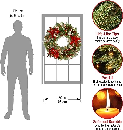 Silky Flower Store Pre Lit Artificial Christmas Wreath, Green Tartan Plaid, White Lights, Pine Cones, Berry Clusters, Frosted Branches, 30 inch 2 2 Product: National Tree Company Pre-Lit Artificial Christmas Wreath, Green, Tartan Plaid, White Lights, Decorated with Frosted Branches, Pine Cones, Berry Clusters, Flowers, Christmas Collection, 30 Inches