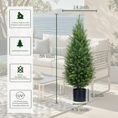 Product: 3ft Artificial Topiary Trees Artificial Cedar Trees UV Resistant Bushes Potted Set of 2 Faux Shrubs for Outdoor Indoor Front Porch Garden