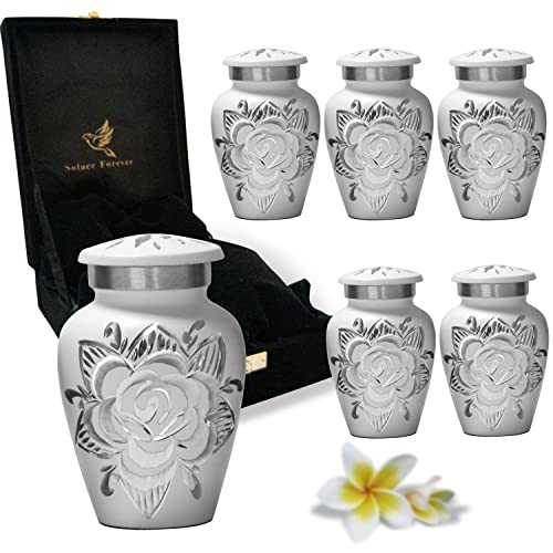 Silky Flower Store Small Urns for Human Ashes Keepsake Set of 6, White Mini Rose Memorial Urns, Handcrafted Metal, 20.5cm 5 5 Product: Small Urns for Human Ashes Keepsake - Mini Cremation Urns Set - Honor Your Loved One with Keepsake Urn for Ashes for Women & Men - Decorative Urn for Adult Female & Male (White, Set of 6)