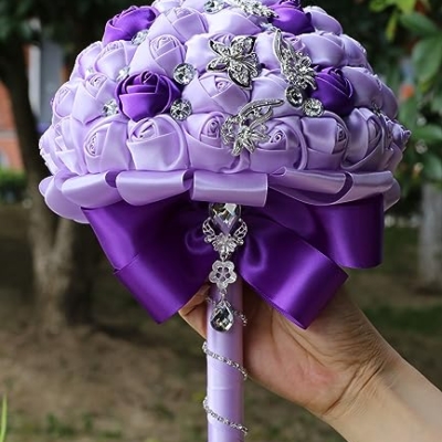 Product: Sharebeauty 9.4" Handmade Satin Rose Bridal Bouquet Toss Round Wedding Bouquet Throw Toss Artificial Flower Bunch Light Purple + Purple