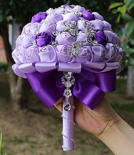 Product: Sharebeauty 9.4" Handmade Satin Rose Bridal Bouquet Toss Round Wedding Bouquet Throw Toss Artificial Flower Bunch Light Purple + Purple