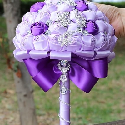 Product: Sharebeauty 9.4" Handmade Satin Rose Bridal Bouquet Toss Round Wedding Bouquet Throw Toss Artificial Flower Bunch Light Purple + Purple