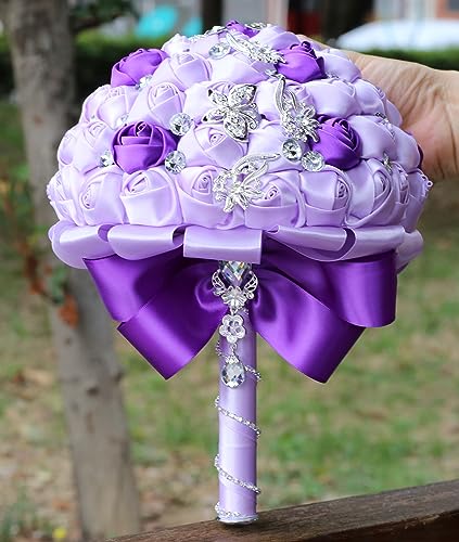 Product: Sharebeauty 9.4" Handmade Satin Rose Bridal Bouquet Toss Round Wedding Bouquet Throw Toss Artificial Flower Bunch Light Purple + Purple