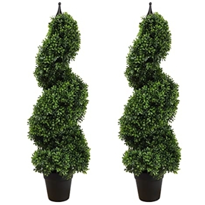 Product: 35 inch/2.95 ft Outdoor Boxwood Spiral Faux Topiary Trees, Artificial topiaries Tree with Black Pot,Set of 2