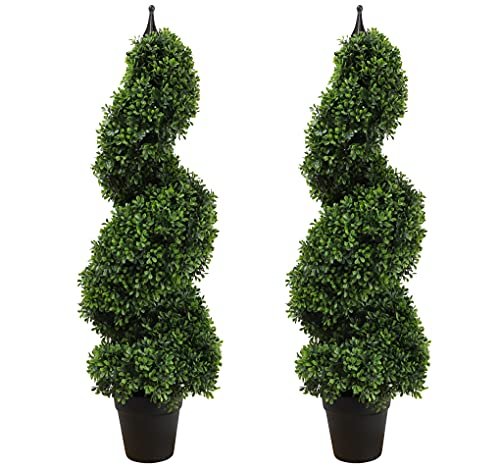Product: 35 inch/2.95 ft Outdoor Boxwood Spiral Faux Topiary Trees, Artificial topiaries Tree with Black Pot,Set of 2