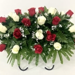 Product: Cemetery Headstone Saddle Flower Arrangement in Red and Cream Roses-Grave Marker Decoration, Sympathy Flowers