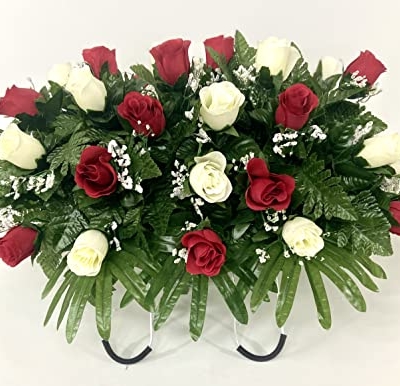 Product: Cemetery Headstone Saddle Flower Arrangement in Red and Cream Roses-Grave Marker Decoration, Sympathy Flowers